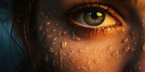 A close-up view of a person's eye with water droplets on it. This image captures the beauty and detail of the eye, showcasing the natural reflection and the presence of water droplets.