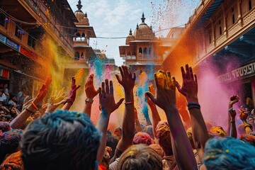 People raise hands high, splashed with vibrant Holi powders against a blue sky backdrop - obrazy, fototapety, plakaty