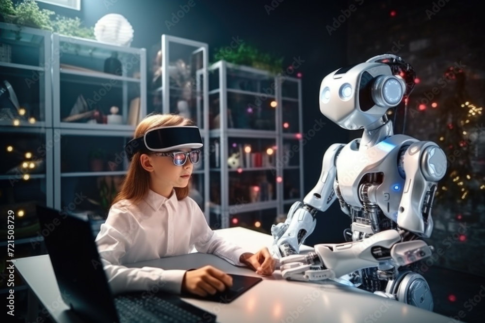 Poster a woman sitting at a desk with a robot next to her. can be used to represent human and artificial in