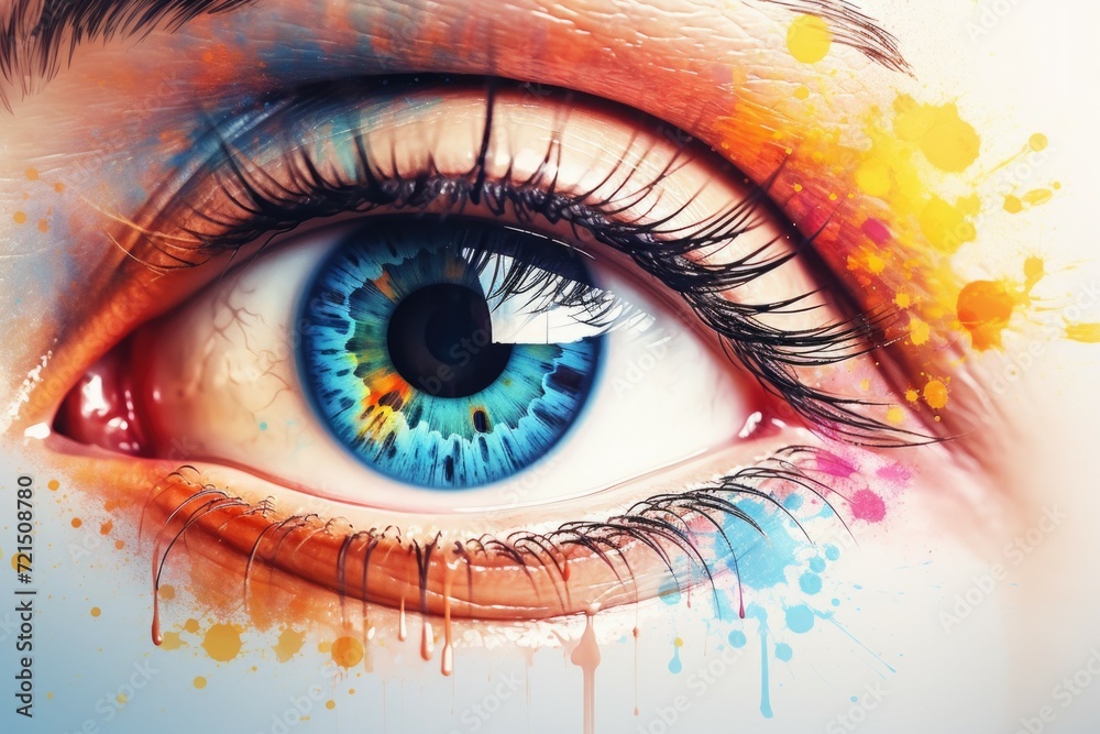 Poster a close up of a person's eye with vibrant paint splatters. ideal for creative projects and artistic 