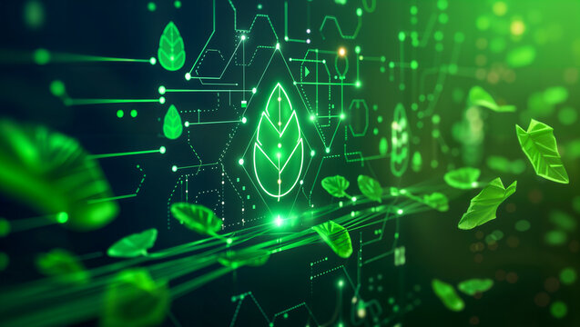Visual representation of green energy in a fusion of digitized leaves and electrical connections