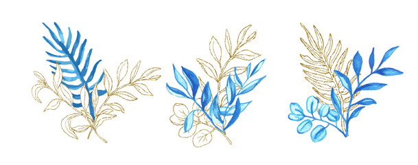 Watercolor blue and golden leaves bouquet set for card or invitations of weeding design. Vector hand drawn illustration