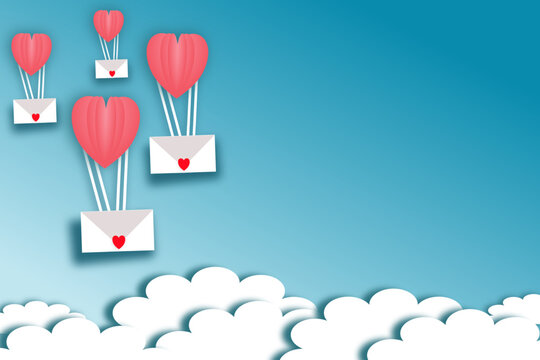 heart balloon love background image Gradient heart shape design Hearts lined up, blue background, white clouds, gray shadows for illustration abor of love.