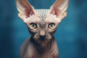 Close up view of a hairless cat on a vibrant blue background. Perfect for pet-related designs and articles