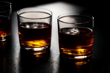 Two glasses of whiskey with ice on a black background, selective focus
