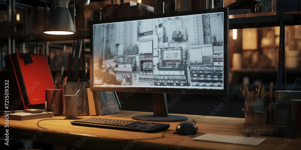 Poster A computer monitor placed on a sturdy wooden desk. Ideal for illustrating office spaces or technology-related concepts