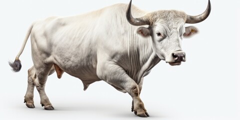 Naklejka premium A white bull with horns walking on a white surface. Suitable for various uses
