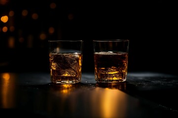 Two glasses of whiskey with ice on a black background, selective focus