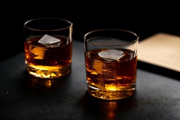 Two glasses of whiskey with ice on a black background, selective focus
