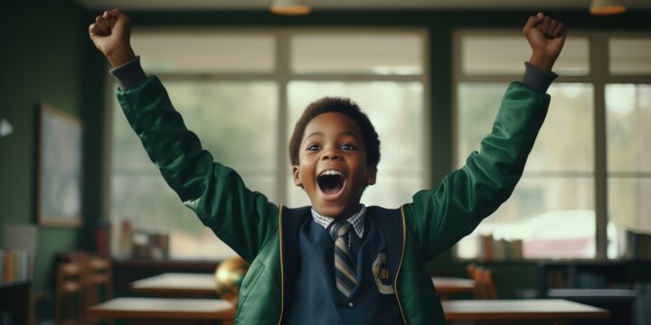 A young boy wearing a green jacket and tie raises his arms in the air. Perfect for capturing the joy and enthusiasm of children.