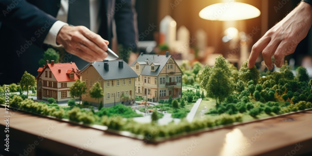 Poster a small scale model of a house placed on a table. ideal for real estate, architecture, or interior d