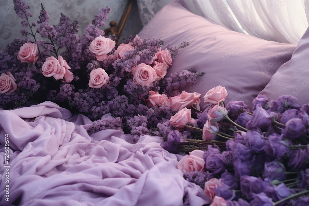 Aufkleber a bed adorned with a beautiful bouquet of flowers. perfect for adding a touch of elegance and romanc