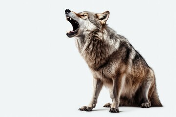 A wolf sitting and yawning with its mouth open. Suitable for wildlife or animal-related projects