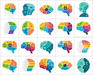 Artificial Intelligence Infographics. Brain Circle Diagram. Machine Digital Knowledge. Deep Learning AI Technology Education. Chip Neural Network. Human Head Anatomy. Medical Healthcare logo icon
