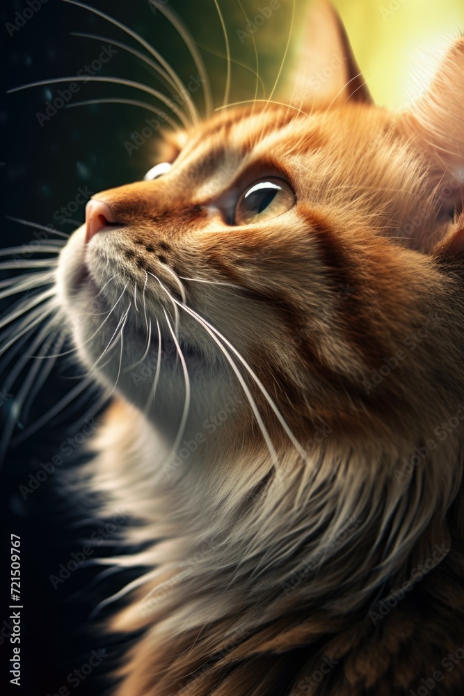 Poster a close-up view of a curious cat looking up. this image can be used to portray curiosity, attentiven