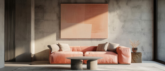 Sunlight bathes a modern living space, highlighting a chic coral sofa and minimalist decor against concrete elegance