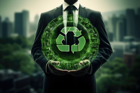 A Man In A Suit Holding A Green Circular Object. Can Be Used For Business, Technology, Or Environmental Concepts