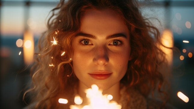 A woman holding a sparkler in front of her face. This image can be used for various occasions and celebrations