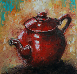 Oil painting of a small red teapot on a yellow background