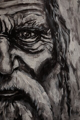 Old man with a mustache - illustration. Detailed acrylic painting of an old sad man with a mustache and beard