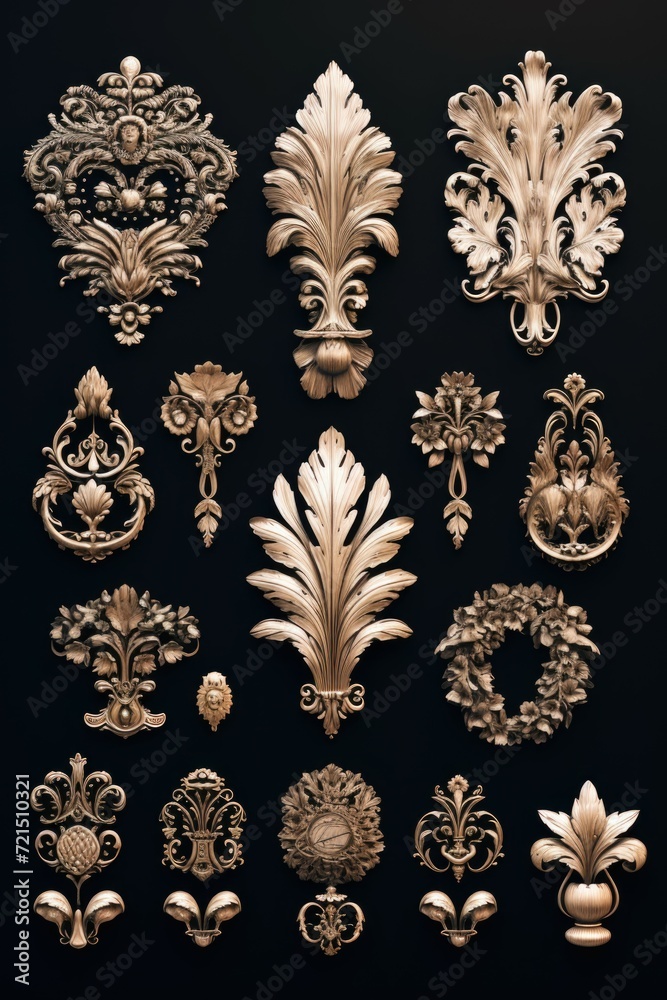 Poster a collection of intricate and detailed designs showcased on a striking black background. versatile a