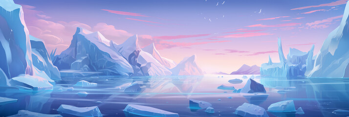 Polar night landscape with glaciers floating in the sea and aurora boreals in sky