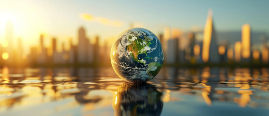 Global urbanization meets the golden hour: Earth rises against the silhouette of a bustling city skyline reflected on water