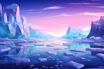Polar night landscape with glaciers floating in the sea and aurora boreals in sky
