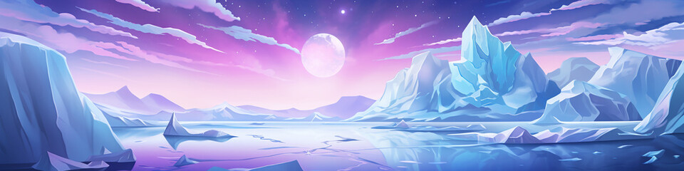 Polar night landscape with glaciers floating in the sea and aurora boreals in sky