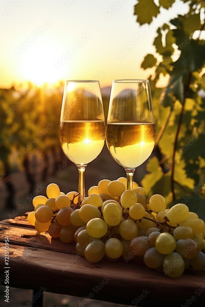 Poster two glasses of wine and a bunch of grapes on a table. suitable for wine-related content and food and