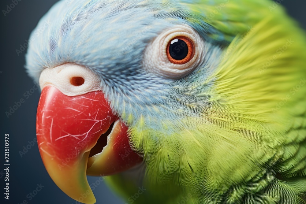 Poster a detailed close-up image of a parrot showcasing its vibrant red beak. this picture can be used for 