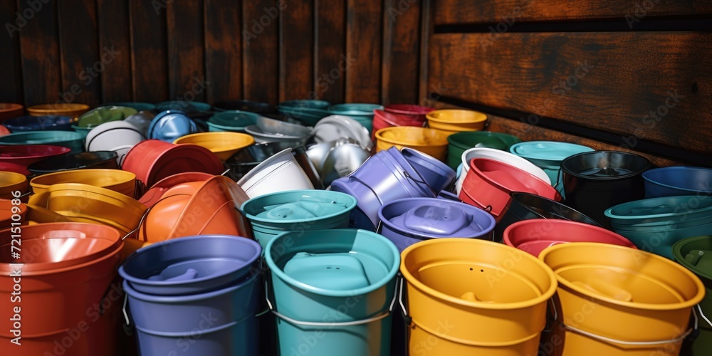 Poster A collection of buckets sitting on a wooden floor. Versatile image that can be used for various purposes
