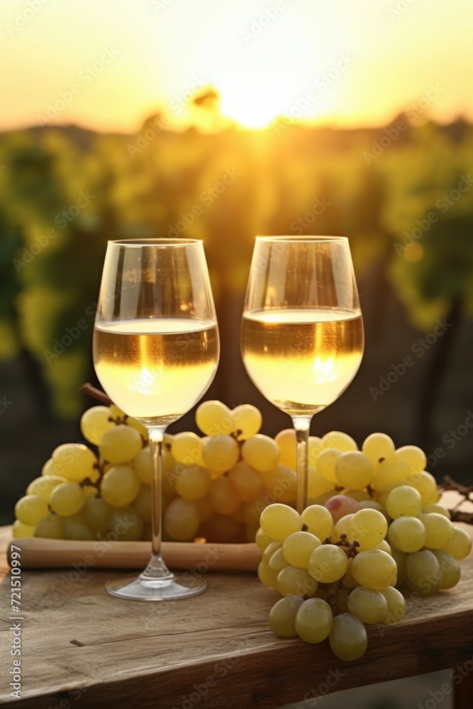 Poster two glasses of wine and a bunch of grapes on a table. suitable for wine-related themes or food and b