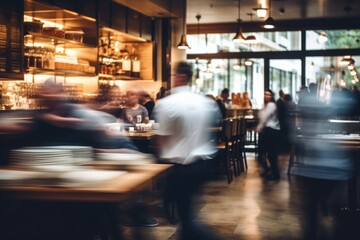 A blurry photo capturing a bustling restaurant scene with people sitting at tables. Perfect for illustrating a lively dining experience - obrazy, fototapety, plakaty