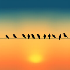 birds on a wire silhouette, transparent background сreated with Generative Ai