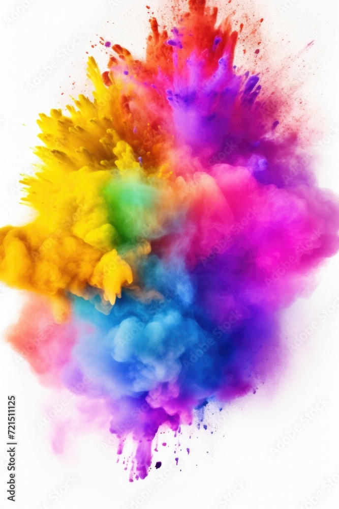 Poster Colorful powder exploding in a vibrant display on a clean white background. Perfect for adding a burst of color and energy to your designs or projects