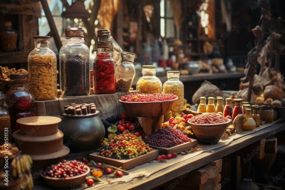 Poster various types of food displayed on a table. perfect for food-related projects or culinary themes