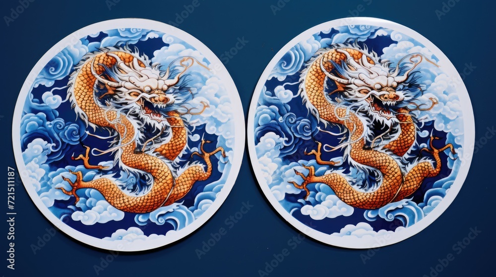 Poster A pair of plates featuring a dragon design. Perfect for adding a touch of fantasy to any dining experience