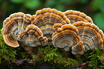 Wavy turkey tale mushroom in moss on a tree. Beautiful fungi in brown and orange colors