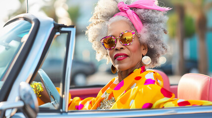 Grandma in trendy brightly colored clothes riding in a retro convertible. Generated AI