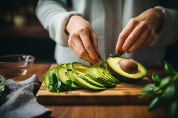 Hands slicing an avocado on a cutting board, half avocado with seed - obrazy, fototapety, plakaty