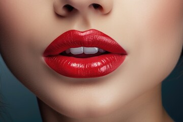 A close-up view of a woman's lips adorned with vibrant red lipstick. Perfect for beauty and fashion-related projects