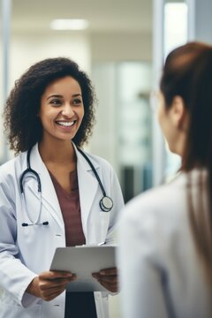 A woman in a lab coat engages in conversation with a doctor. This image can be used to depict medical consultations, healthcare discussions, or scientific research collaborations
