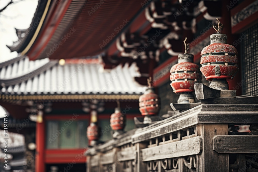 Poster A row of red lanterns hanging from the side of a building. Perfect for adding a festive touch to any event or celebration