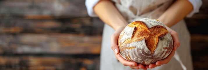 Baker female holding freshly baked bread against wooden background.