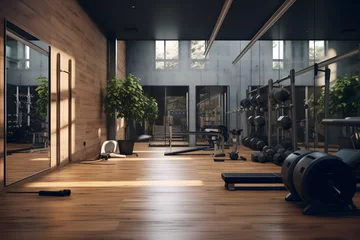 Deurstickers modern home gym with wall-to-wall mirrors and rubberized © sugastocks