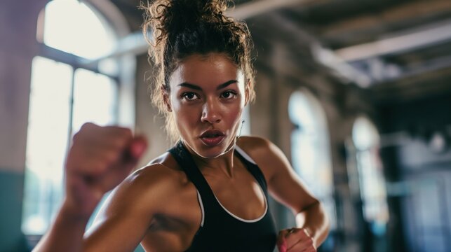 Woman practicing bodycombat in a gym - Powered by Adobe