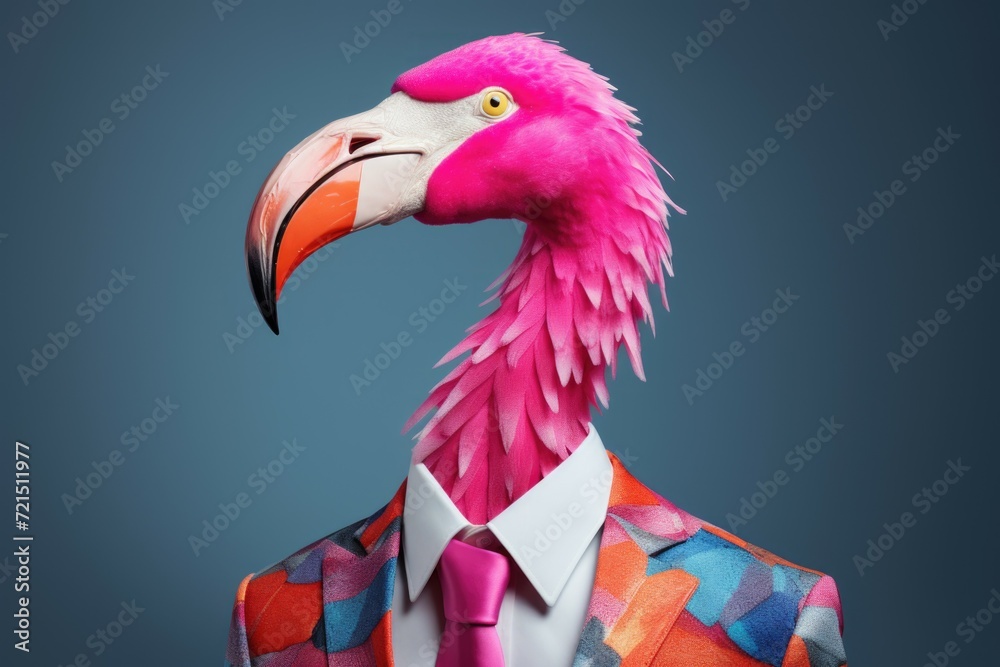 Poster a pink flamingo dressed in a suit and tie. suitable for various occasions and events
