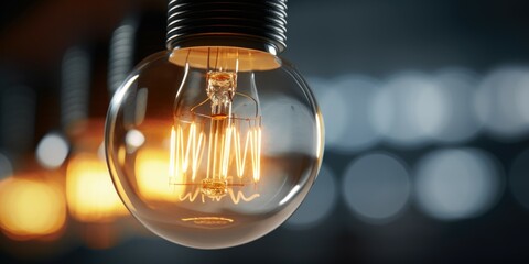 A close up view of a light bulb with a blurry background. This image can be used to represent creativity, innovation, or energy-saving concepts