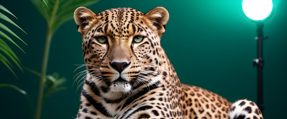 Majestic Spotted Leopard Poised Elegantly Under Studio Lighting Against a lush studio Backdrop, wallpaper
